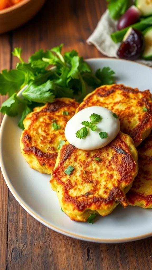 Crispy zucchini fritters served with sour cream and herbs on a wooden table.